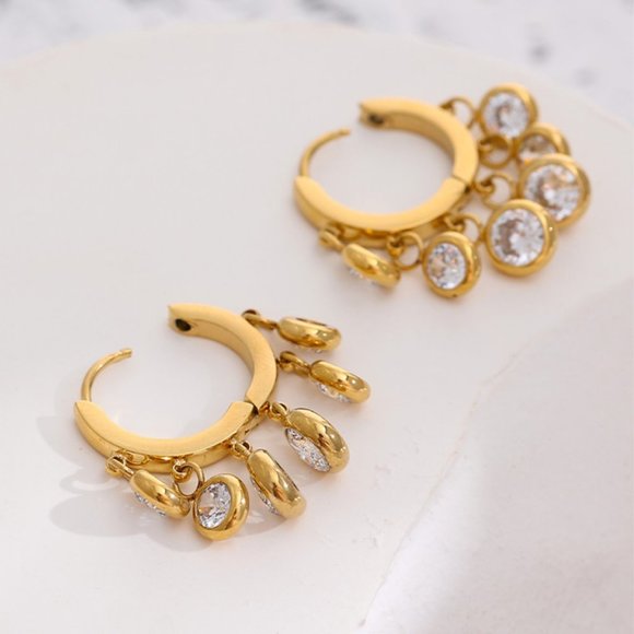 ^NEW 18K Gold Plated Round Diamond Drop Huggie Hoop Earrings - Picture 8 of 9